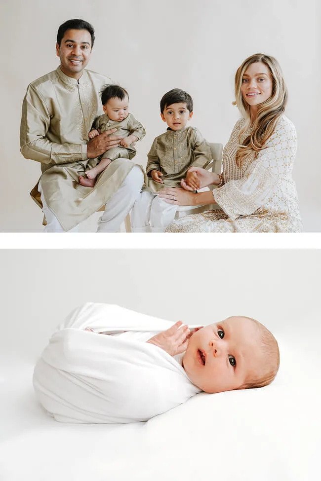 professional photo of a newborn baby swaddled in a white cloth, then a photo of a newborn baby with his family. Both photos were taken in a photography studio in glasgow