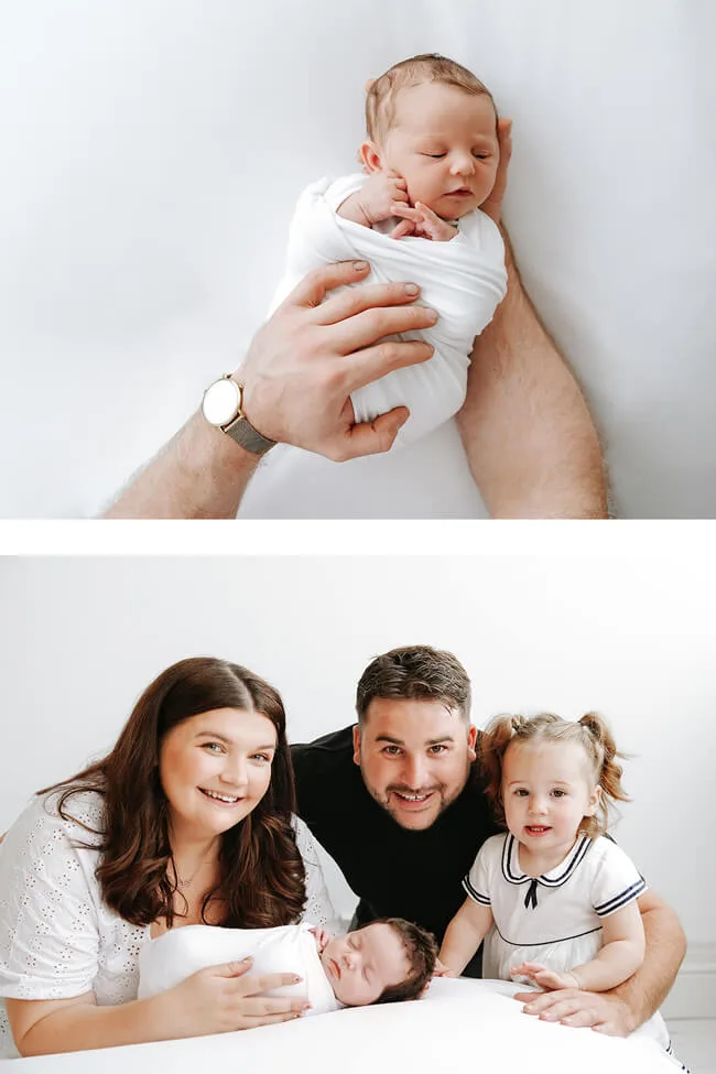 professional photo of a newborn baby swaddled in white cloth with a man's hands holding the baby. The second photo is of a family of four posting for their photo and smiling. These were shot in glasgow at pamela erwin photography studio