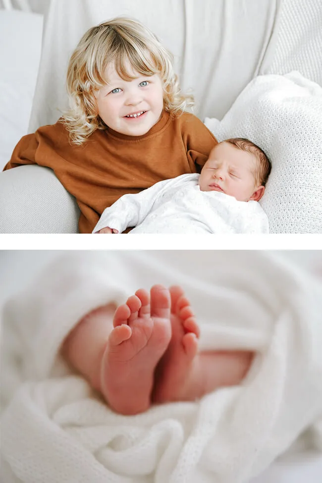 closeup photo of a newborn's tiny feet and photo of a two year old child with blonde hair and orange sweats with a newborn baby on his lap for a professional newborn photoshoot